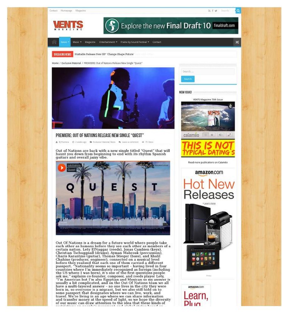 Vents Magazine clipping on Out Of Nations' Quest, September 2017